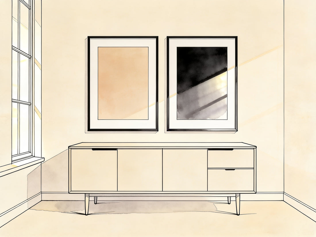 Illustration au trait : deux posters encadrés côte à côte, finition mate et finition brillante avec reflet de fenêtre