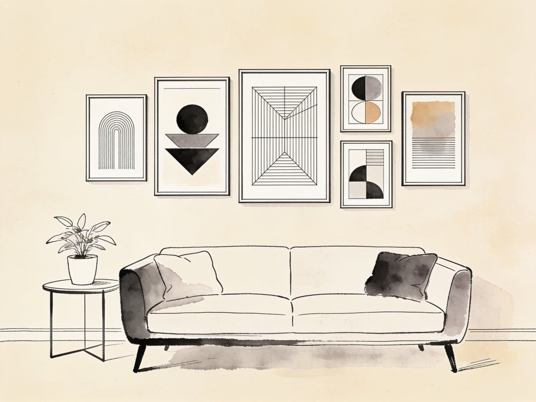 Mur de cadres avec cinq affiches déco de tailles variées au-dessus d'un canapé de salon, illustration ligne noire sur fond beige