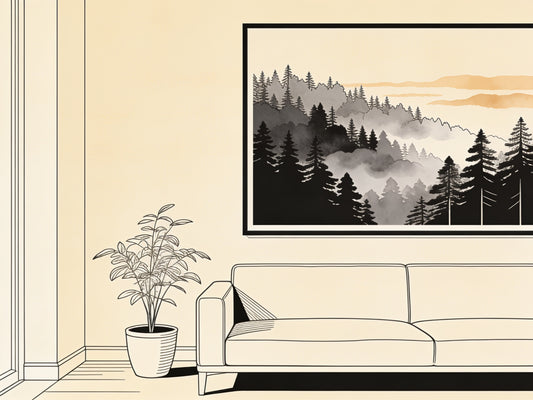 Poster nature forêt dans un salon, illustration ligne encre noire sur fond beige