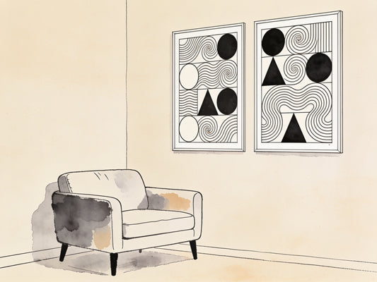 Illustration ligne noire sur papier beige d'un salon avec deux affiches abstraites colorées façon dopamine decor