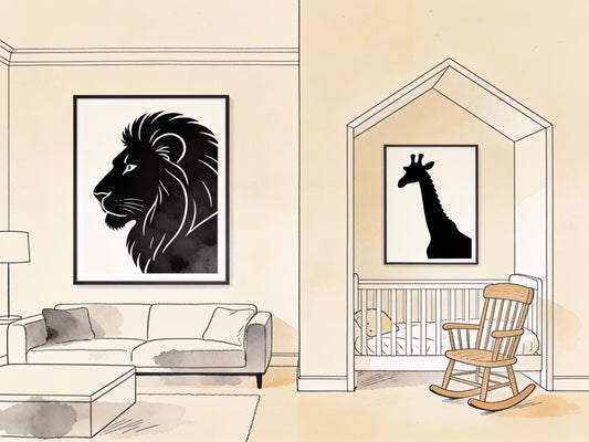 Salon et chambre d'enfant avec posters animaliers lion et girafe en illustration ligne noire sur fond beige