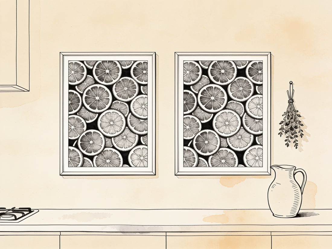 Illustration line art d'une cuisine avec deux affiches encadrées au motif d'agrumes, style croquis d'architecte encre noire sur papier beige