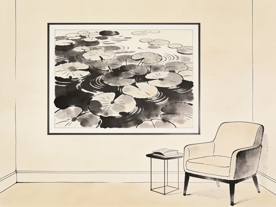 Illustration encre noire d'un coin salon avec une reproduction encadrée des Nymphéas de Monet, motif abstrait de nénuphars sur l'eau